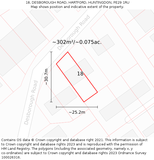 18, DESBOROUGH ROAD, HARTFORD, HUNTINGDON, PE29 1RU: Plot and title map