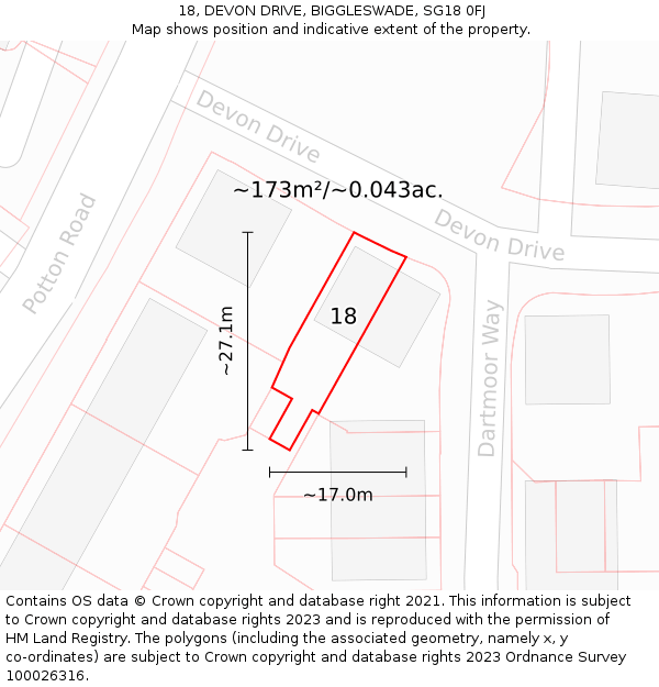 18, DEVON DRIVE, BIGGLESWADE, SG18 0FJ: Plot and title map