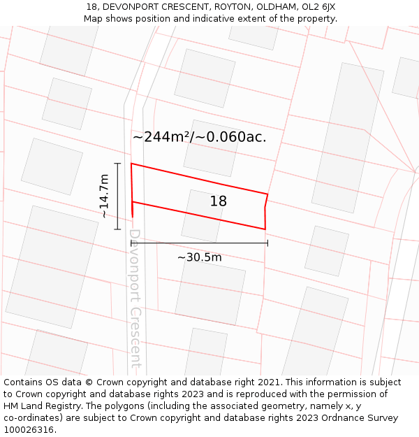 18, DEVONPORT CRESCENT, ROYTON, OLDHAM, OL2 6JX: Plot and title map