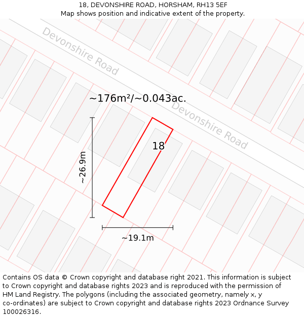 18, DEVONSHIRE ROAD, HORSHAM, RH13 5EF: Plot and title map