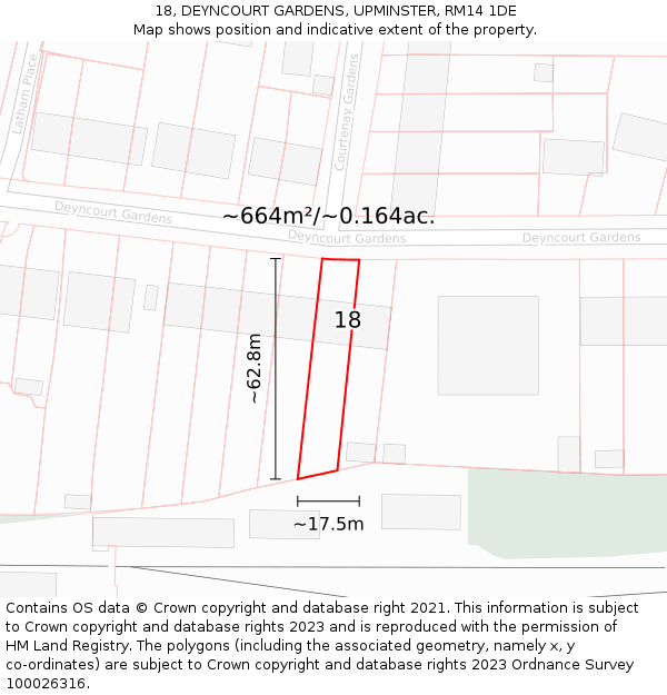 18, DEYNCOURT GARDENS, UPMINSTER, RM14 1DE: Plot and title map