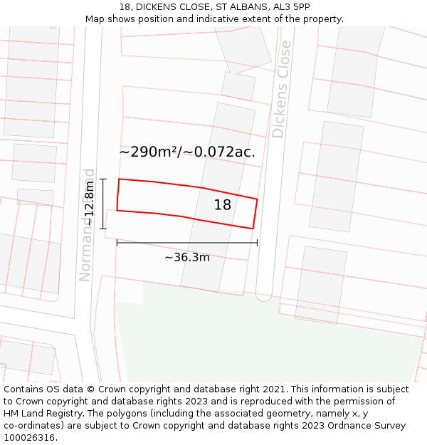 18, DICKENS CLOSE, ST ALBANS, AL3 5PP: Plot and title map