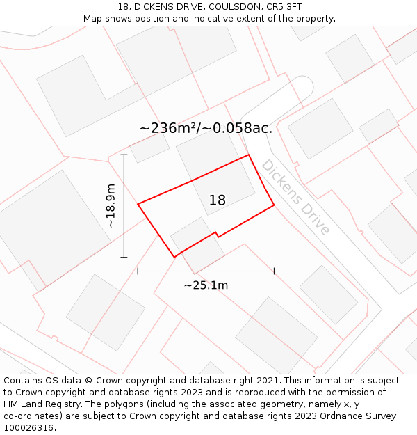 18, DICKENS DRIVE, COULSDON, CR5 3FT: Plot and title map
