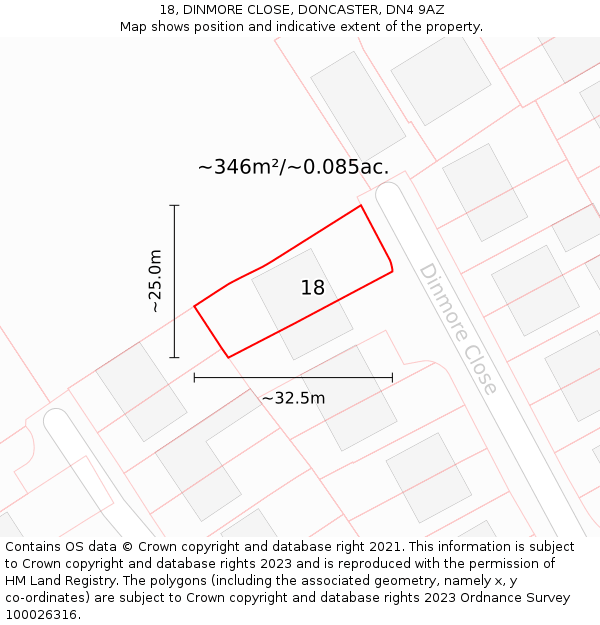 18, DINMORE CLOSE, DONCASTER, DN4 9AZ: Plot and title map