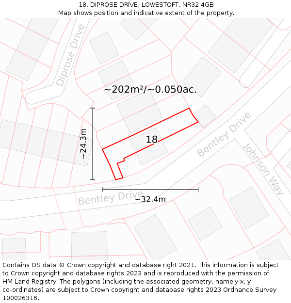 18, DIPROSE DRIVE, LOWESTOFT, NR32 4GB: Plot and title map