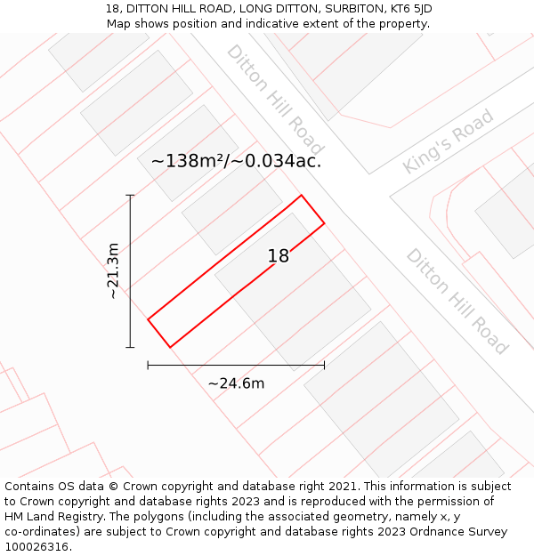 18, DITTON HILL ROAD, LONG DITTON, SURBITON, KT6 5JD: Plot and title map