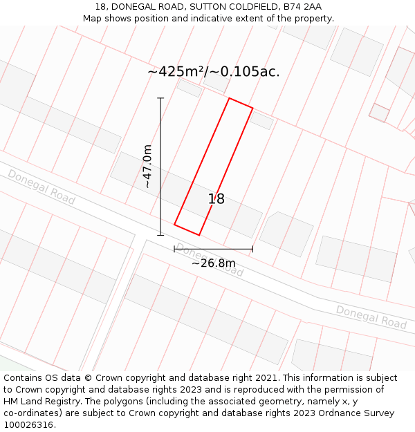 18, DONEGAL ROAD, SUTTON COLDFIELD, B74 2AA: Plot and title map