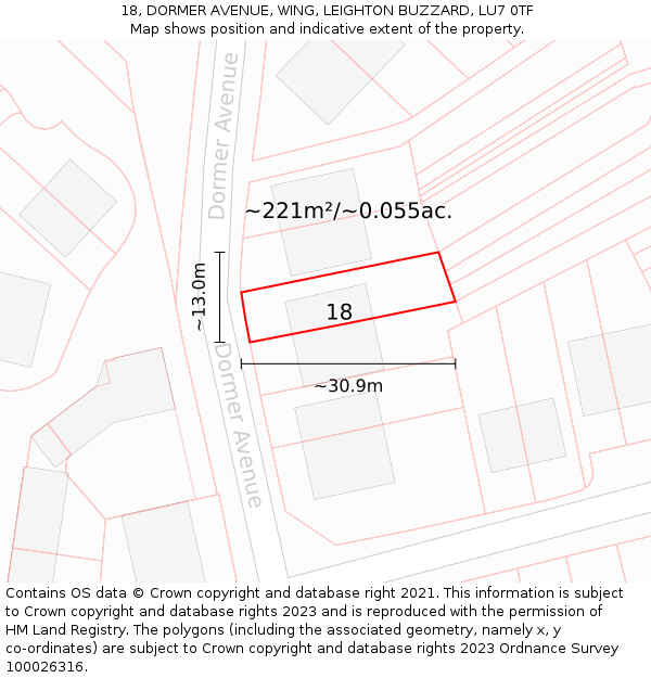 18, DORMER AVENUE, WING, LEIGHTON BUZZARD, LU7 0TF: Plot and title map