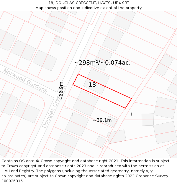 18, DOUGLAS CRESCENT, HAYES, UB4 9BT: Plot and title map