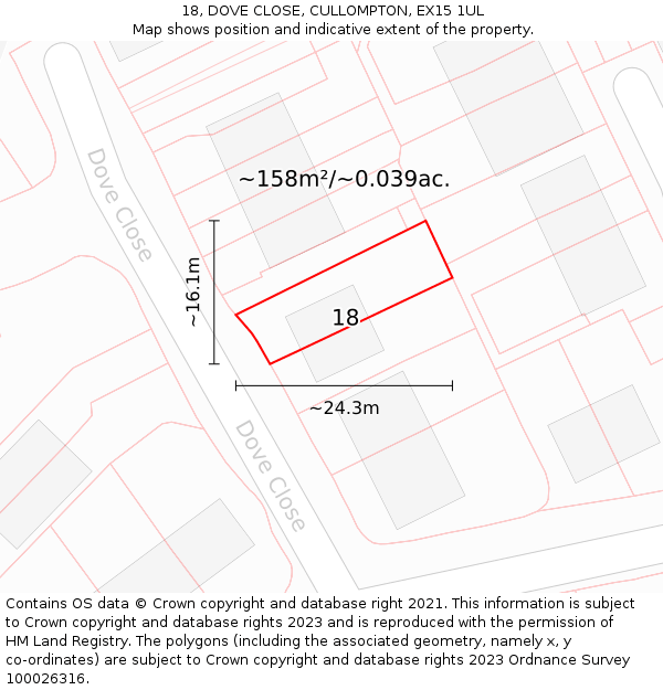 18, DOVE CLOSE, CULLOMPTON, EX15 1UL: Plot and title map