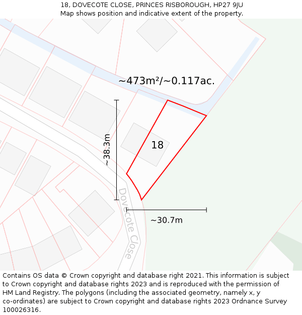 18, DOVECOTE CLOSE, PRINCES RISBOROUGH, HP27 9JU: Plot and title map