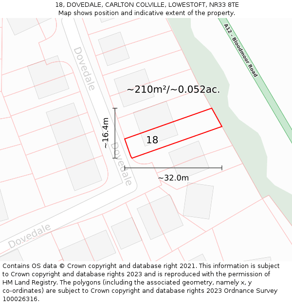 18, DOVEDALE, CARLTON COLVILLE, LOWESTOFT, NR33 8TE: Plot and title map
