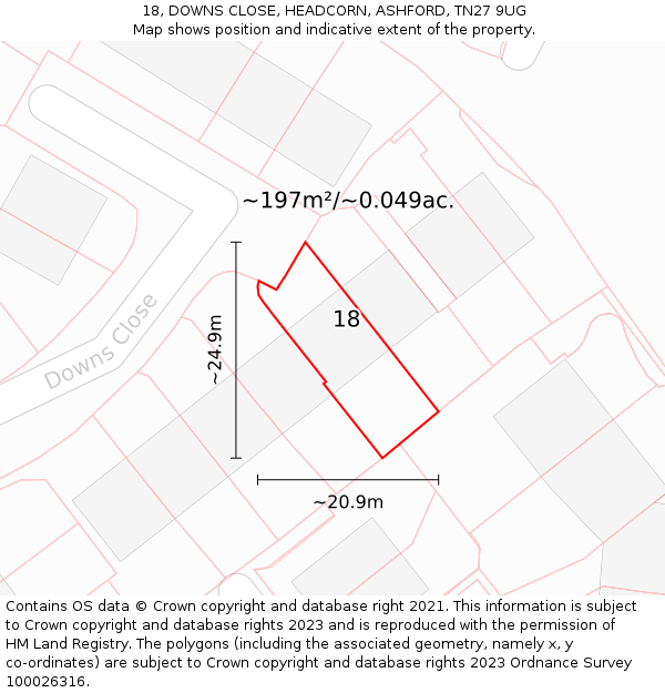 18, DOWNS CLOSE, HEADCORN, ASHFORD, TN27 9UG: Plot and title map