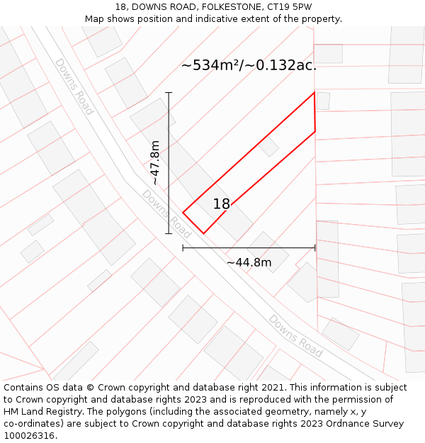 18, DOWNS ROAD, FOLKESTONE, CT19 5PW: Plot and title map