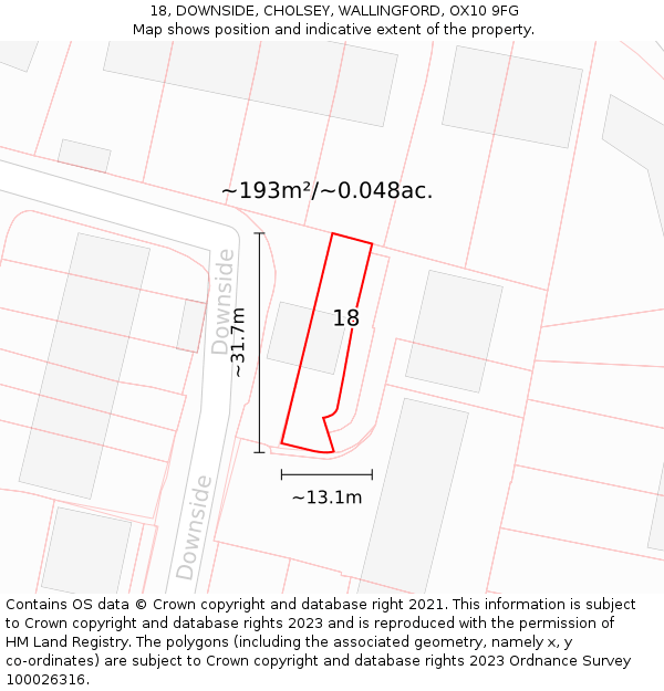 18, DOWNSIDE, CHOLSEY, WALLINGFORD, OX10 9FG: Plot and title map