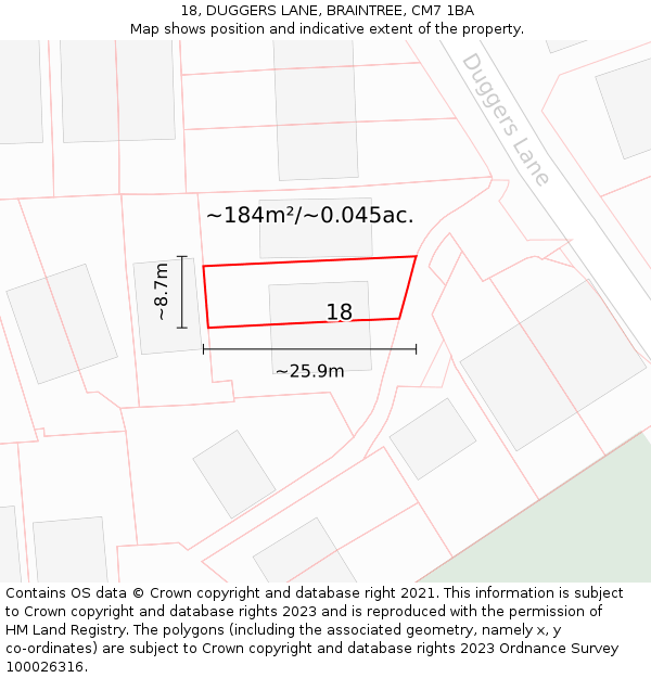 18, DUGGERS LANE, BRAINTREE, CM7 1BA: Plot and title map