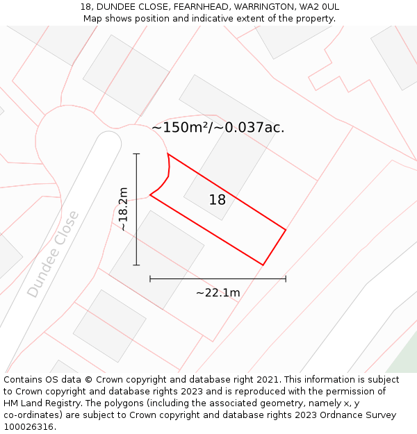 18, DUNDEE CLOSE, FEARNHEAD, WARRINGTON, WA2 0UL: Plot and title map