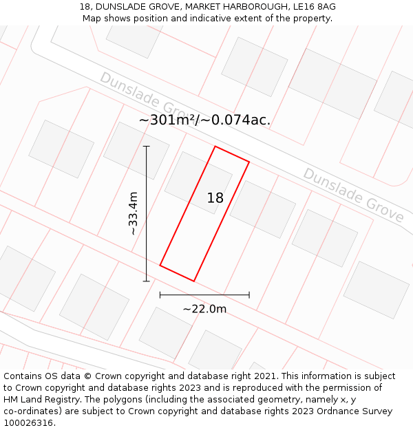 18, DUNSLADE GROVE, MARKET HARBOROUGH, LE16 8AG: Plot and title map