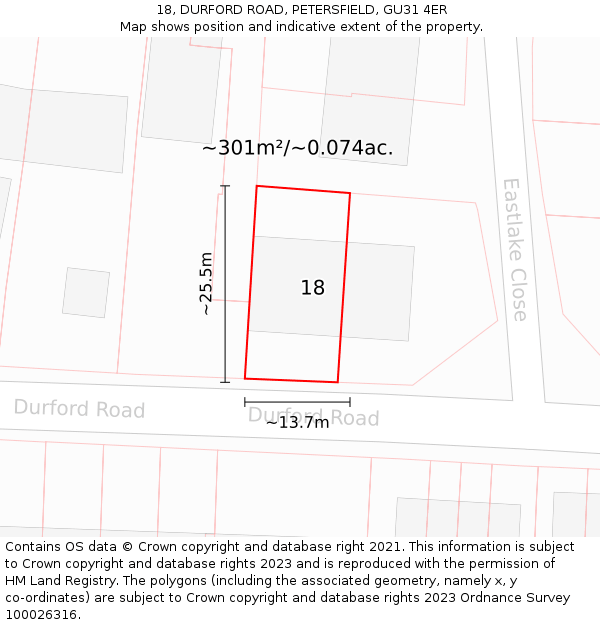18, DURFORD ROAD, PETERSFIELD, GU31 4ER: Plot and title map