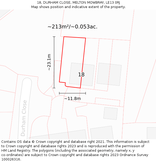 18, DURHAM CLOSE, MELTON MOWBRAY, LE13 0RJ: Plot and title map