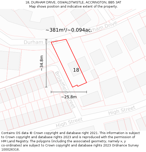 18, DURHAM DRIVE, OSWALDTWISTLE, ACCRINGTON, BB5 3AT: Plot and title map