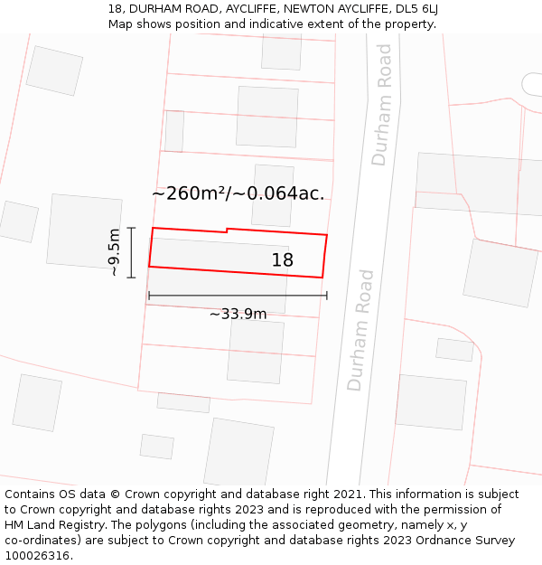 18, DURHAM ROAD, AYCLIFFE, NEWTON AYCLIFFE, DL5 6LJ: Plot and title map