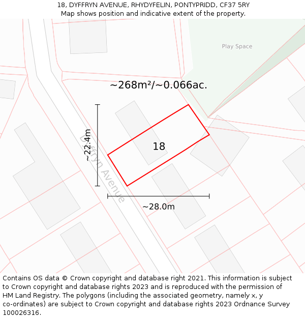 18, DYFFRYN AVENUE, RHYDYFELIN, PONTYPRIDD, CF37 5RY: Plot and title map