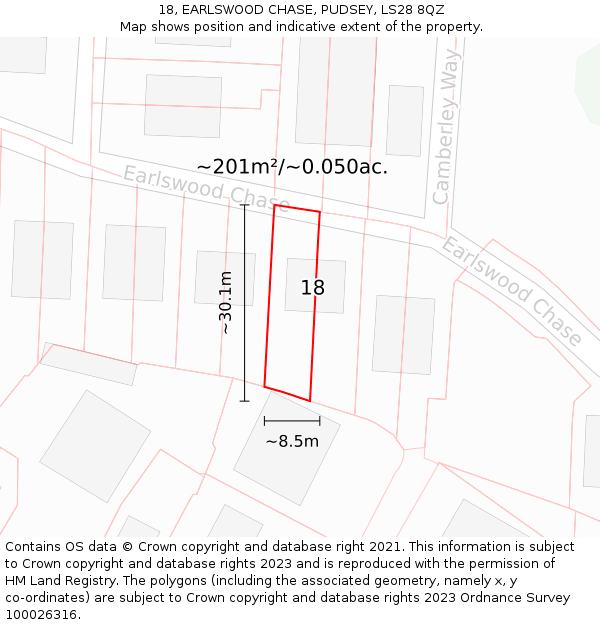 18, EARLSWOOD CHASE, PUDSEY, LS28 8QZ: Plot and title map