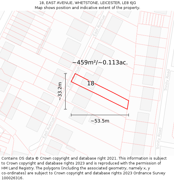18, EAST AVENUE, WHETSTONE, LEICESTER, LE8 6JG: Plot and title map