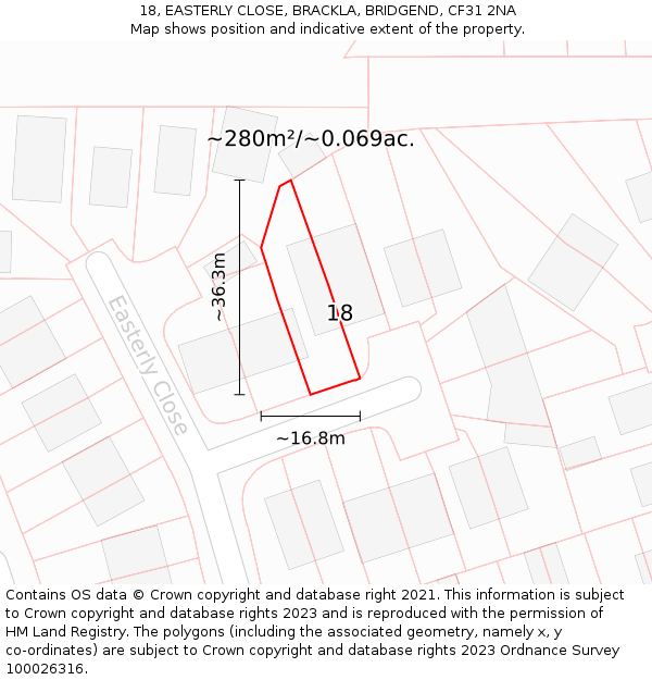 18, EASTERLY CLOSE, BRACKLA, BRIDGEND, CF31 2NA: Plot and title map