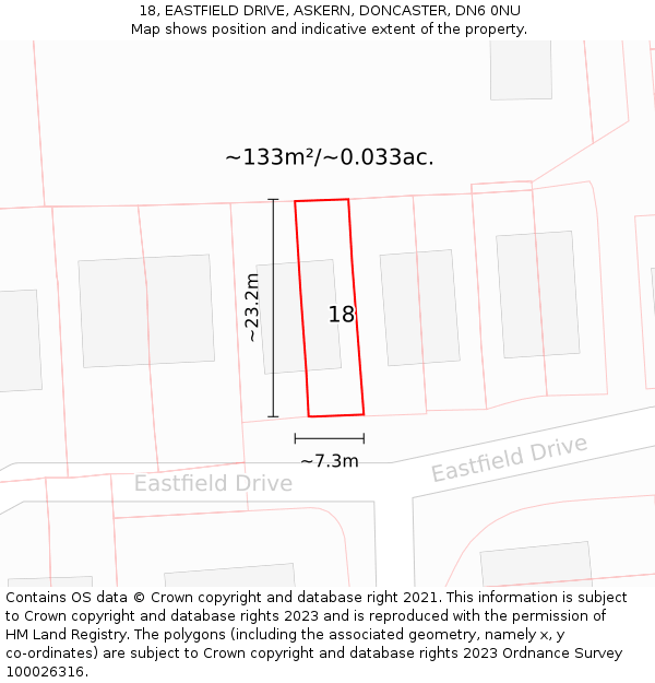 18, EASTFIELD DRIVE, ASKERN, DONCASTER, DN6 0NU: Plot and title map