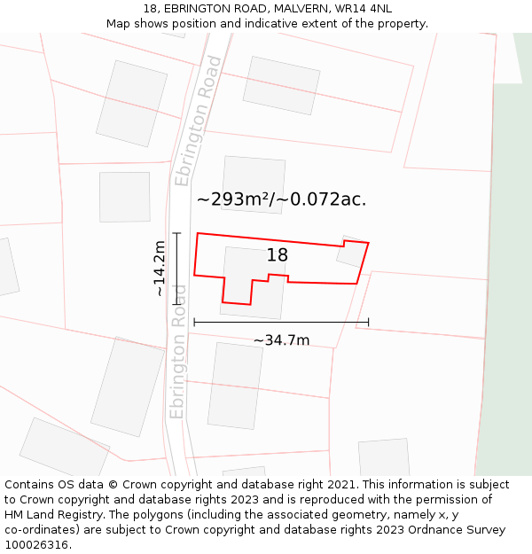 18, EBRINGTON ROAD, MALVERN, WR14 4NL: Plot and title map