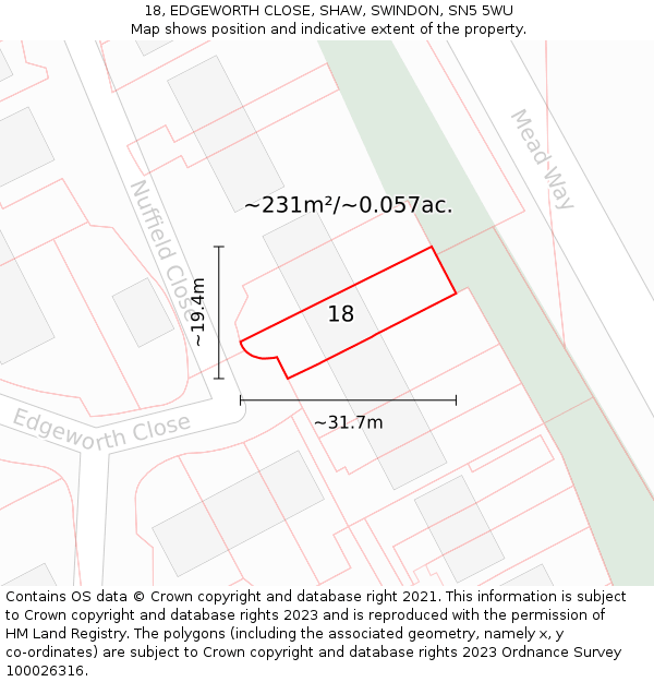 18, EDGEWORTH CLOSE, SHAW, SWINDON, SN5 5WU: Plot and title map