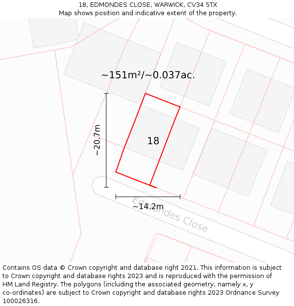 18, EDMONDES CLOSE, WARWICK, CV34 5TX: Plot and title map