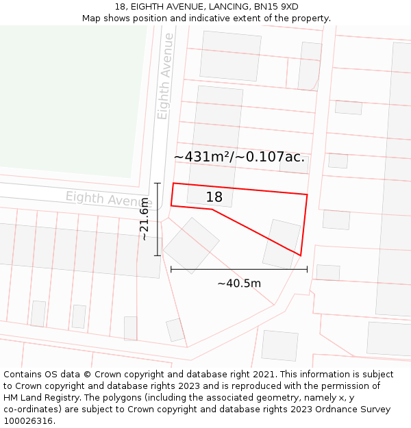 18, EIGHTH AVENUE, LANCING, BN15 9XD: Plot and title map