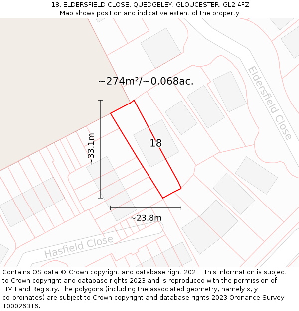 18, ELDERSFIELD CLOSE, QUEDGELEY, GLOUCESTER, GL2 4FZ: Plot and title map