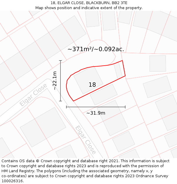 18, ELGAR CLOSE, BLACKBURN, BB2 3TE: Plot and title map