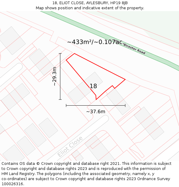 18, ELIOT CLOSE, AYLESBURY, HP19 8JB: Plot and title map