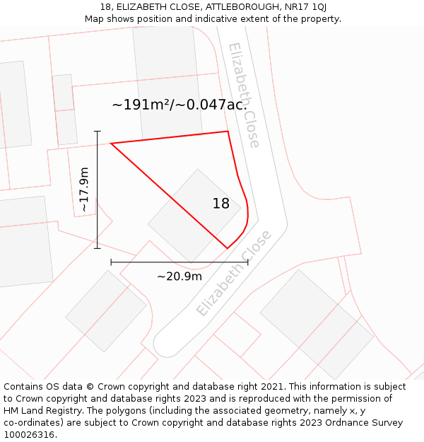 18, ELIZABETH CLOSE, ATTLEBOROUGH, NR17 1QJ: Plot and title map