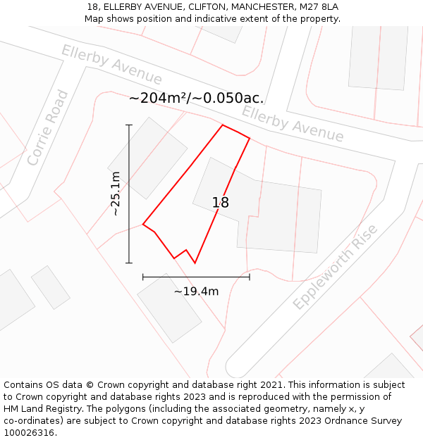 18, ELLERBY AVENUE, CLIFTON, MANCHESTER, M27 8LA: Plot and title map