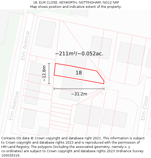 18, ELM CLOSE, KEYWORTH, NOTTINGHAM, NG12 5AP: Plot and title map