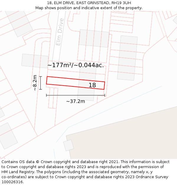 18, ELM DRIVE, EAST GRINSTEAD, RH19 3UH: Plot and title map