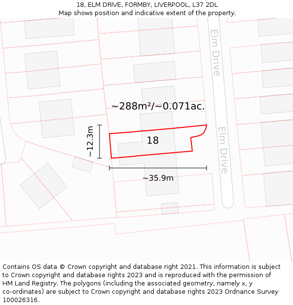 18, ELM DRIVE, FORMBY, LIVERPOOL, L37 2DL: Plot and title map
