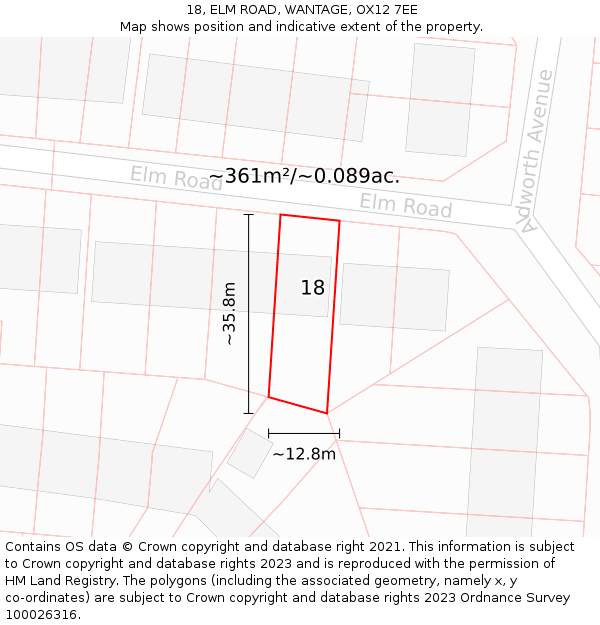 18, ELM ROAD, WANTAGE, OX12 7EE: Plot and title map
