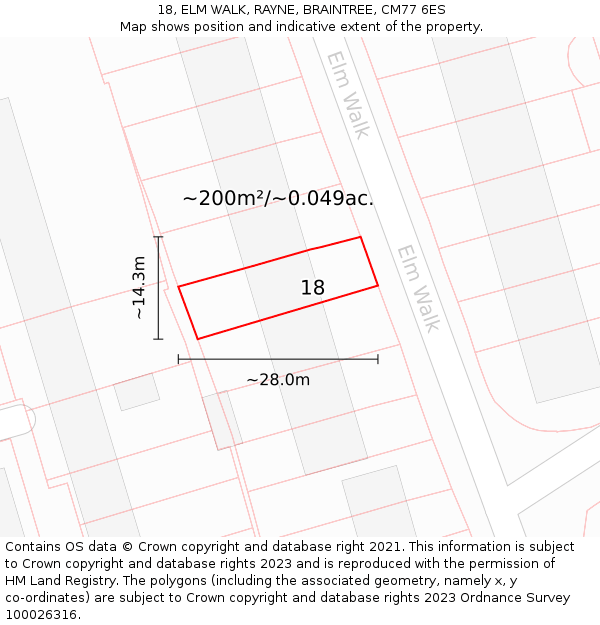 18, ELM WALK, RAYNE, BRAINTREE, CM77 6ES: Plot and title map