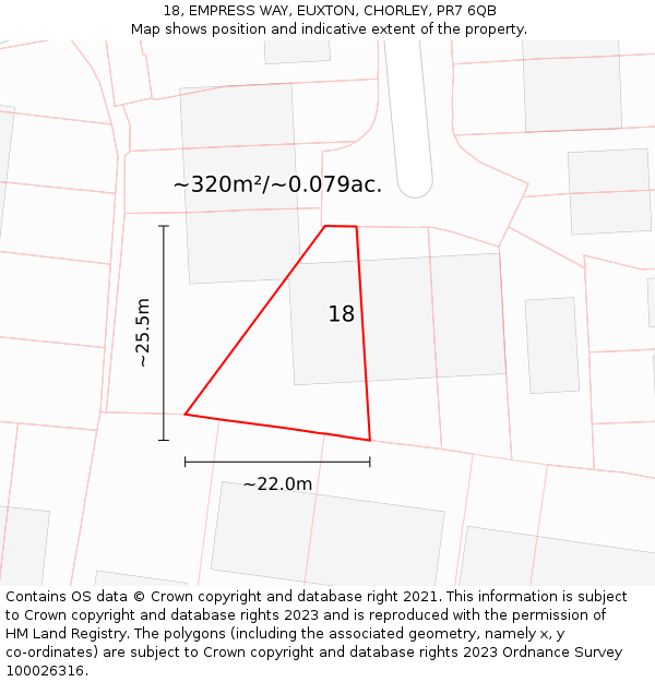 18, EMPRESS WAY, EUXTON, CHORLEY, PR7 6QB: Plot and title map