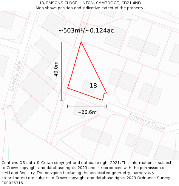 18, EMSONS CLOSE, LINTON, CAMBRIDGE, CB21 4NB: Plot and title map