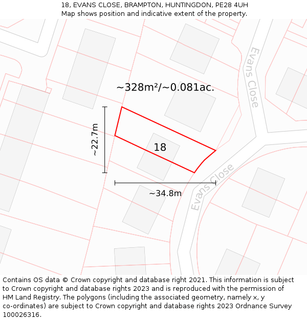 18, EVANS CLOSE, BRAMPTON, HUNTINGDON, PE28 4UH: Plot and title map