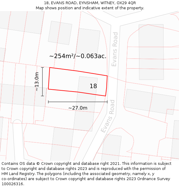 18, EVANS ROAD, EYNSHAM, WITNEY, OX29 4QR: Plot and title map