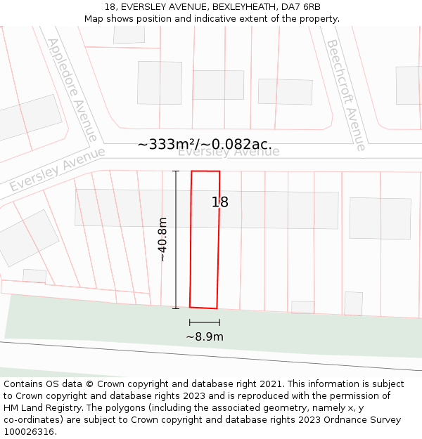 18, EVERSLEY AVENUE, BEXLEYHEATH, DA7 6RB: Plot and title map